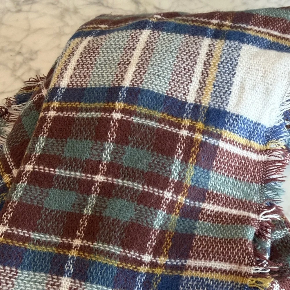 Plaid Fringe Blanket Scarf in Cream, Navy & Burgundy 57 X 59 inches